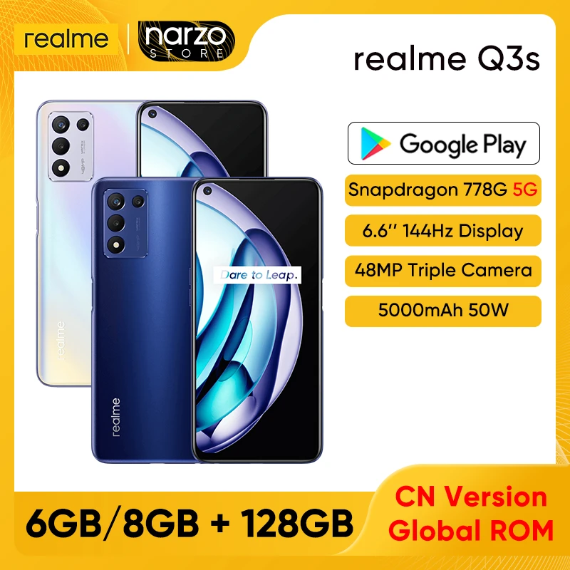 realme new brand realme Q3s 5G Mobile Phone Snapdragon 778G 6GB 128GB 6.6'' 144Hz Display 5000mAh Battery 30W 48MP Triple Cameras Smartphone new realme mobile