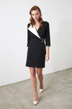 

BEYON WOMEN WITH BLACK BELT WHITE DETAILED CRUISE COLLAR MINI KNEE TOP CHIC ELEGANT FASHION TOP