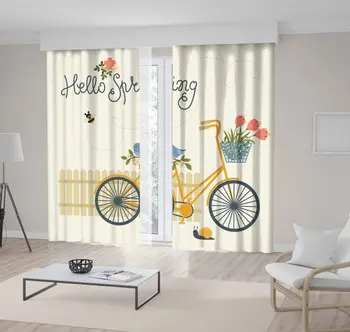 

Curtain Bicycle Flowers Bird Bee Snail And Fence "Hello Spring" Spring Theme Art in Yellow Dark Blue Coral colors Print