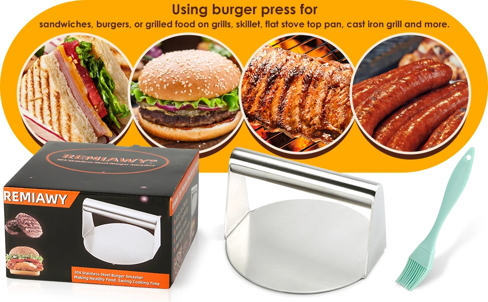 5.5inch Round Non-Stick Stainless Steel Burger Press Professional Burger Smasher for Griddle Bacon Press Perfect for Flat Top Grill Cooking Dishwasher Safe Easy to Clean REMIAWY Smash Burger Press 