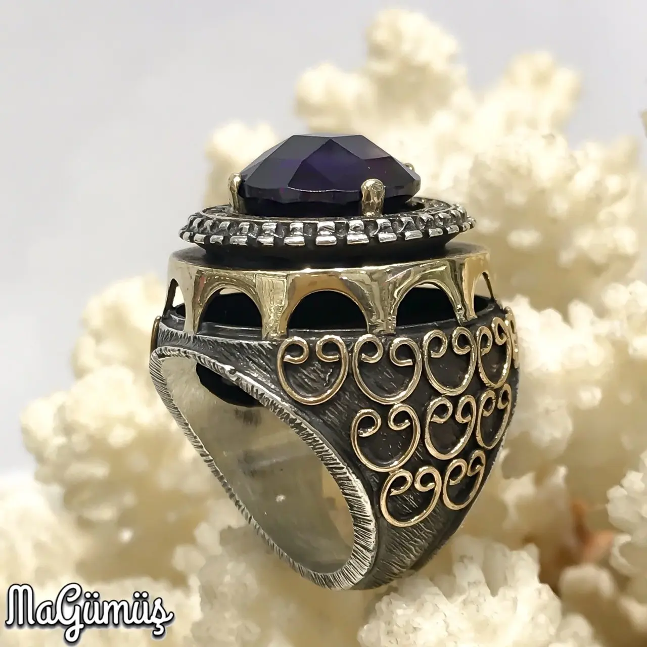 

Dome Montür Ottoman Authentic Natural Amethyst Stone Silver Ladies Ring