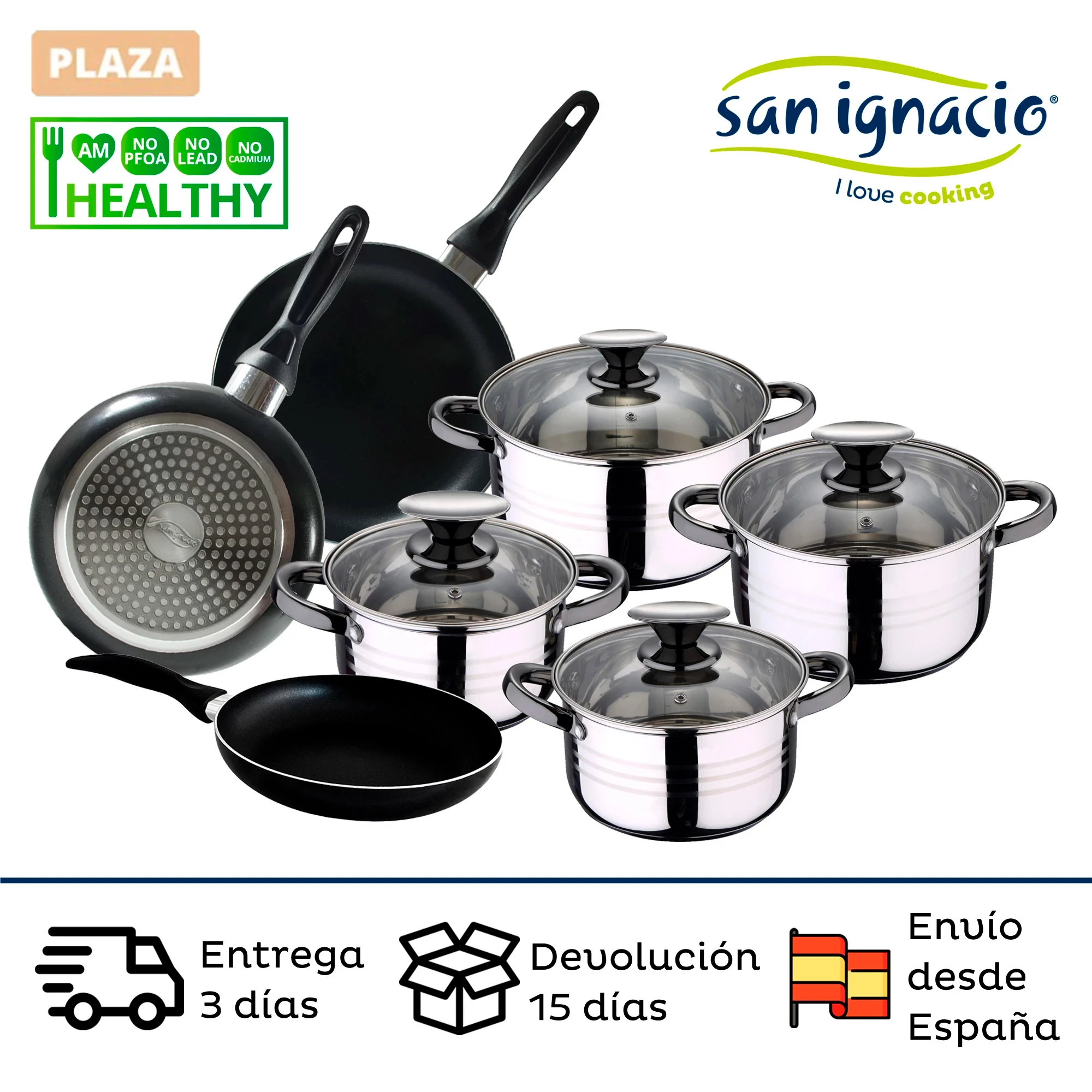 Altea en acero inoxidable con set de 3 utensilios de cocina en nylon PK3237 San Ignacio Bateria de cocina 8 piezas apta para induccion 