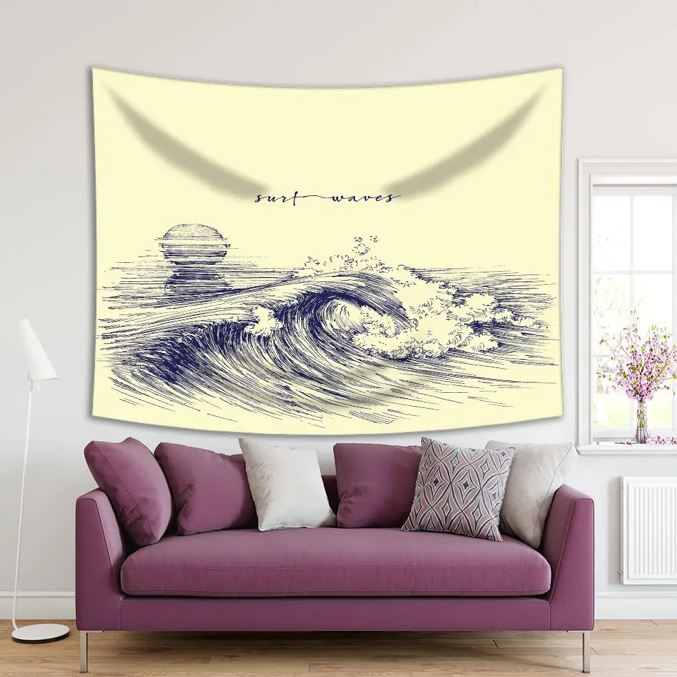 Tapestry Sea Ocean Waves Sunset Simple Nature Theme Monochrome Navy Blue Beige Sketch Artwork Print | Дом и сад