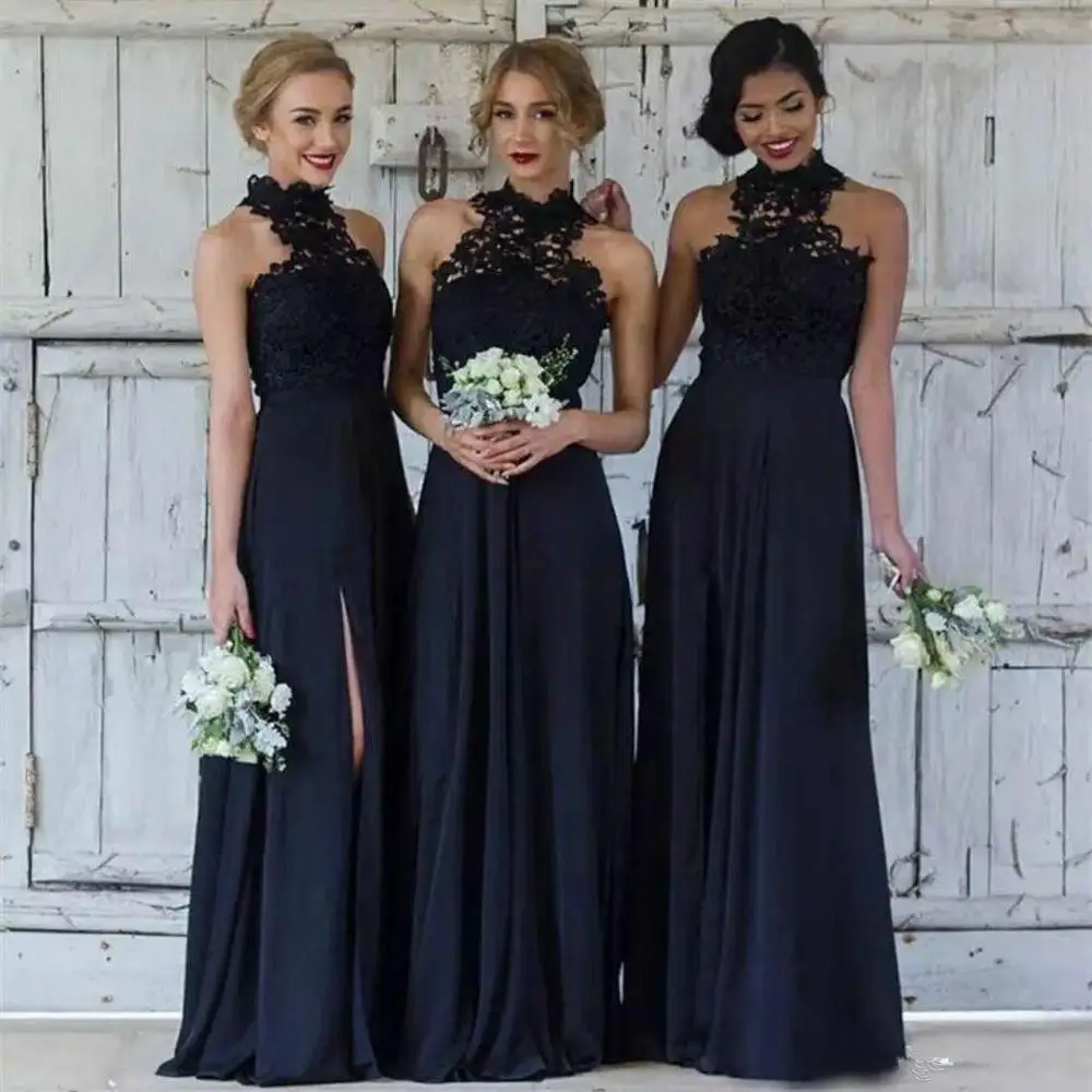 as pic Недорогие шифоновые платья а-силуэта для подружек невесты, Vestidos Fiesta Boda, кружевное платье с лямкой через шею, с разрезом по бокам, длина до пола, свадебное платье для вечеринки - Цвет: as pic