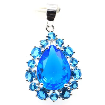 

35x21mm Deluxe Drop Shape Created Paris Blue Topaz Woman's Wedding Silver Pendant