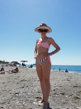Bañador de banda con volantes de encaje a rayas para mujer, traje de baño de realce, conjunto de Bikini de copa de sujetador, traje de baño de corte alto, F72