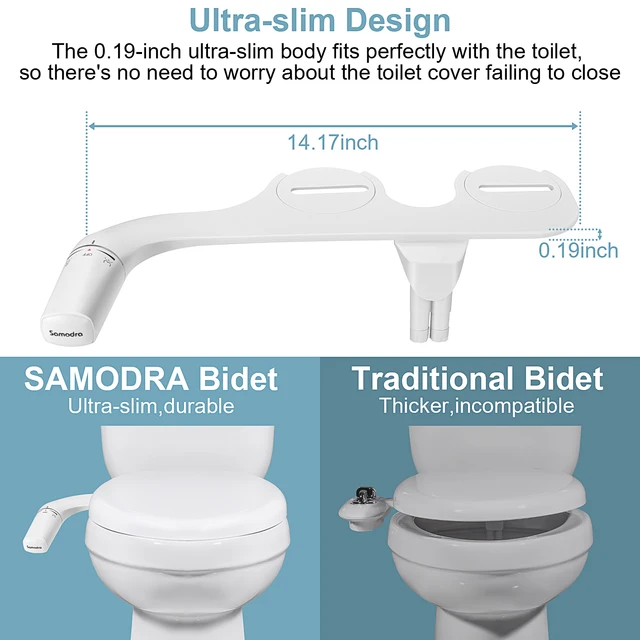 SAMODRA Bidet Attachment Ultra-Slim Toilet Seat Attachment Dual Nozzle Bidet Adjustable Water Pressure Non-Electric Ass Sprayer 4
