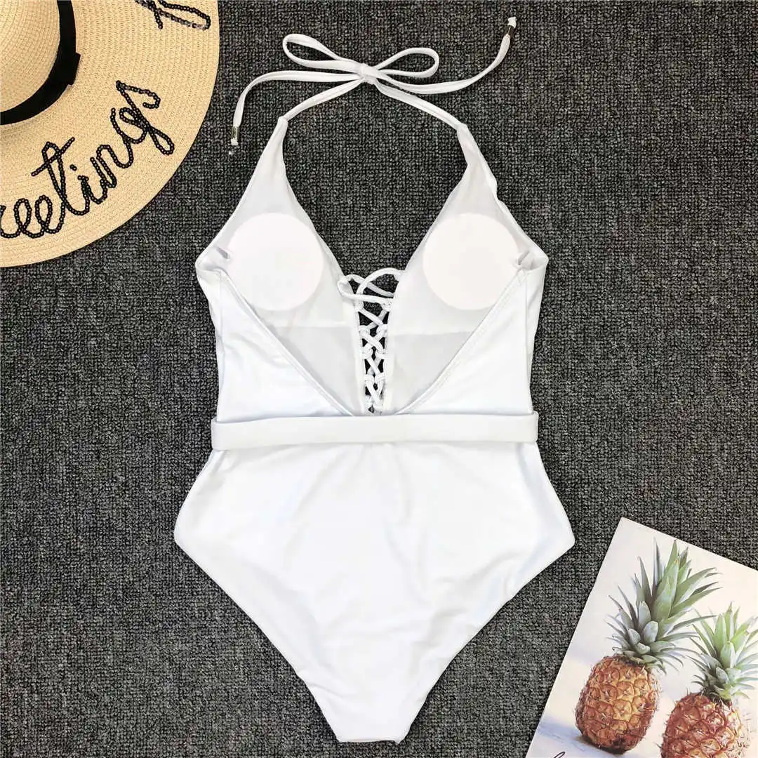 7 Colors Sexy Halter V Neck Lace Up Women Swimwear One Piece Swimsuit Female Bather Bathing Suit Swim Lady With Belt V1762