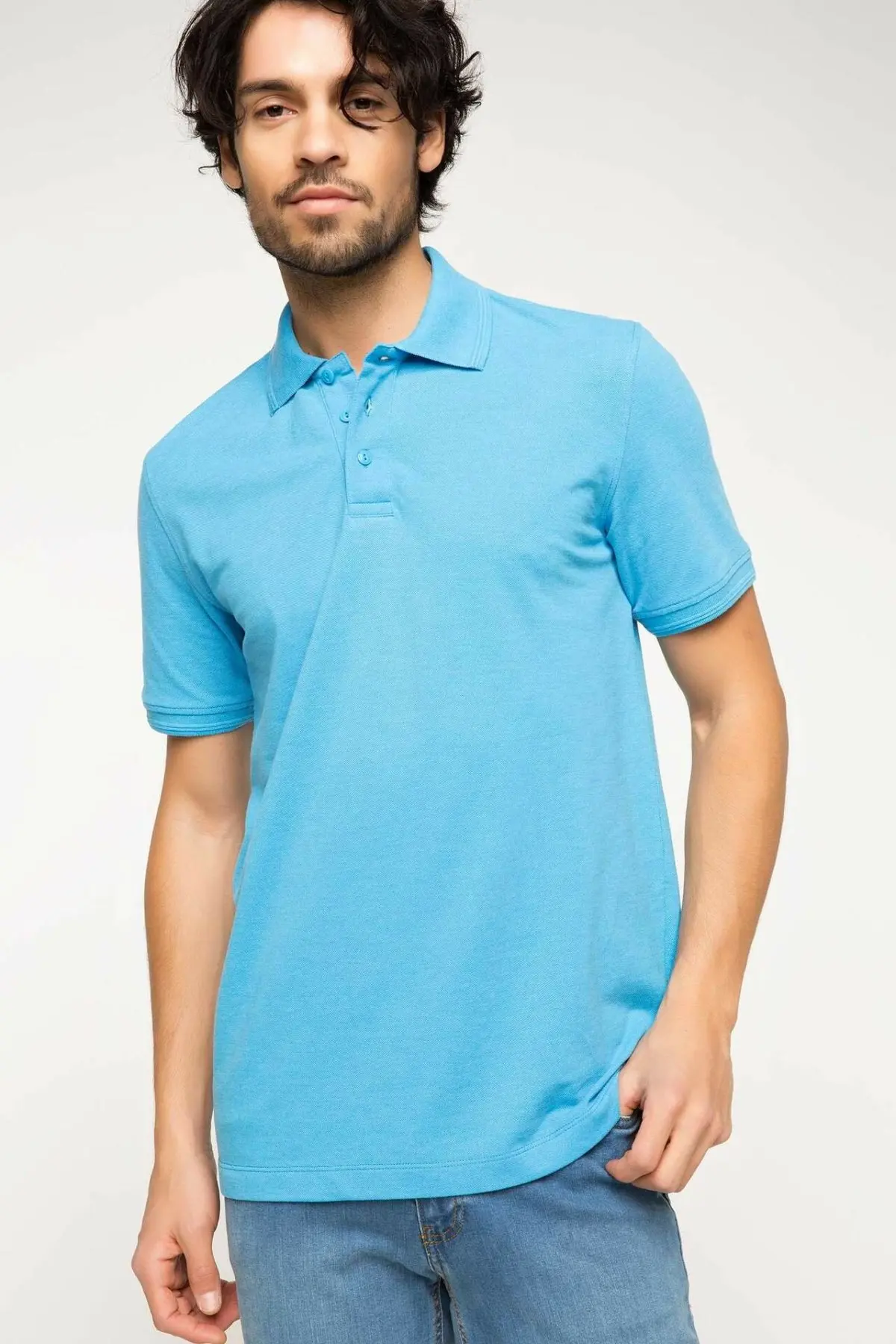 

DeFacto Summer Casual Bright Blue Men Males POLO Shirts Man Knitted Turn-down Collar Polo Shirt G5781AZ18SMBE161