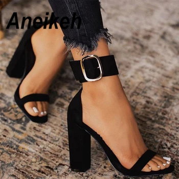 

Aneikeh 2019 Flock Shoes Women Sandals High Heels Summer Ankle Strap Square Heel Fashion Sandals Pumps Dropshipping Size 35-42