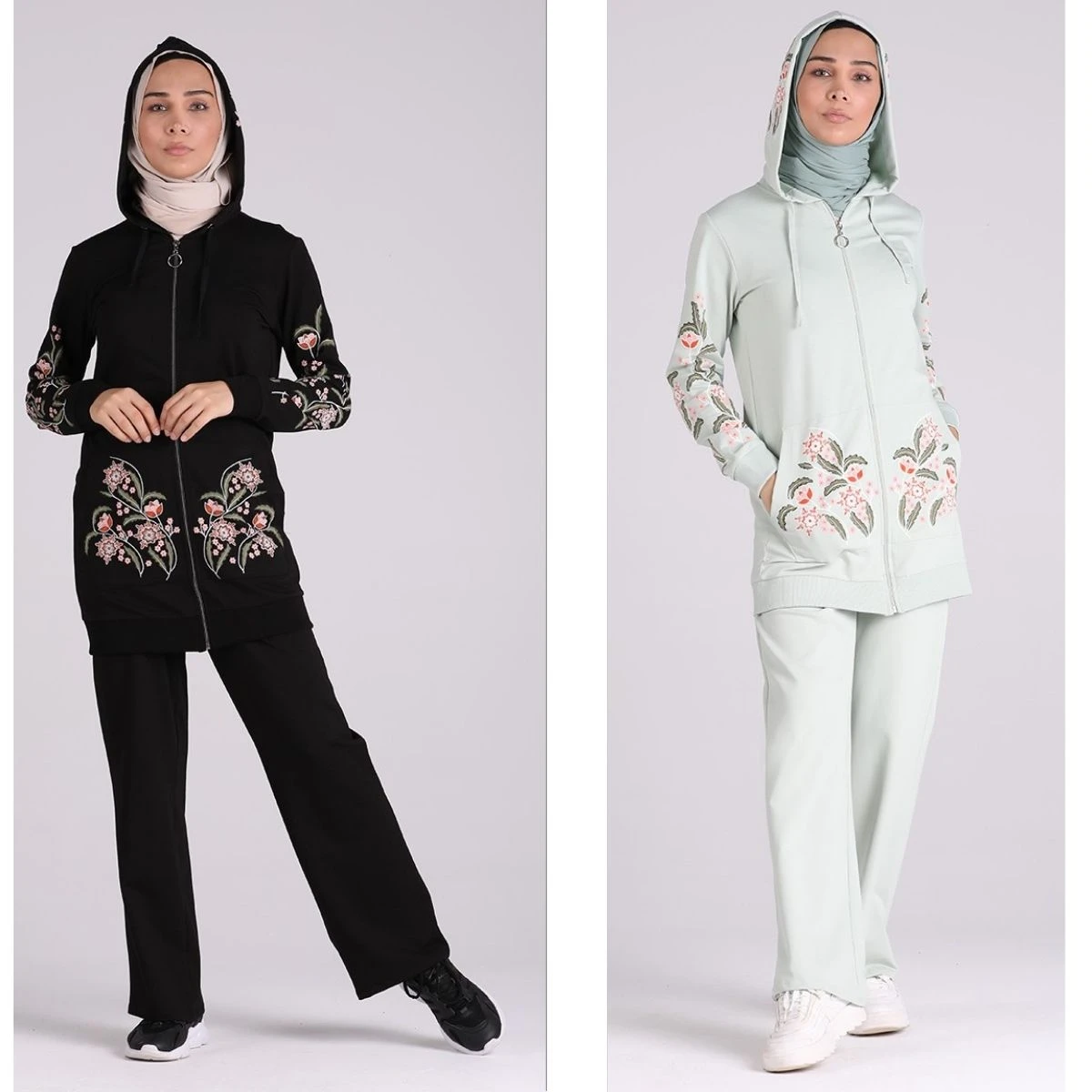 Chándal con estampado de dos hilos para traje de manga larga sin forro con capucha y bolsillo, ropa deportiva Hijab para Moda musulmana, 4 estaciones|Ropa islámica| - AliExpress