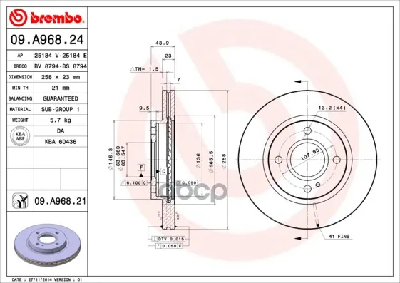 Диск Тормозной Ford: Fiesta Vi 08- Brembo арт. 09.A968.24