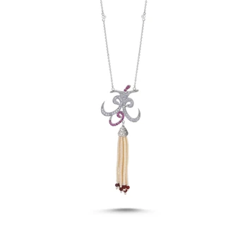 

KUTAYDAN Majorca Pearl and Stem Ruby Tassels Zircon Cubic Zirconia Vav-Derviş Necklace 925 Sterling Silver