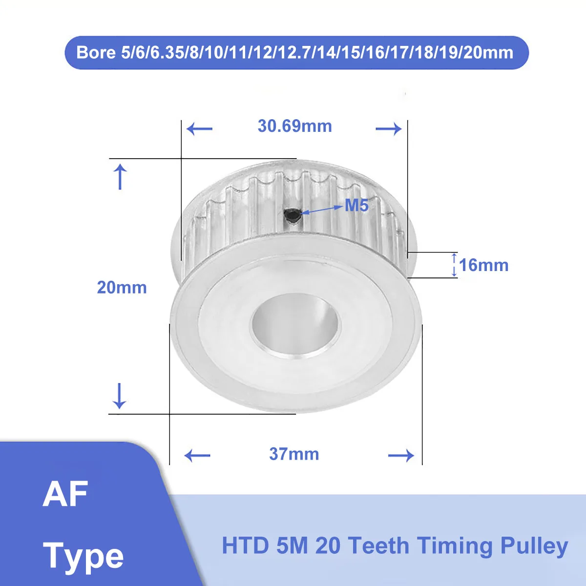

HTD 5M 20 Teeth Timing Pulley Synchronus Wheel Bore 5mm - 20mm Aluminium Idler Pulley 5M-20T 16mm Width For HTD5M Timing Belt