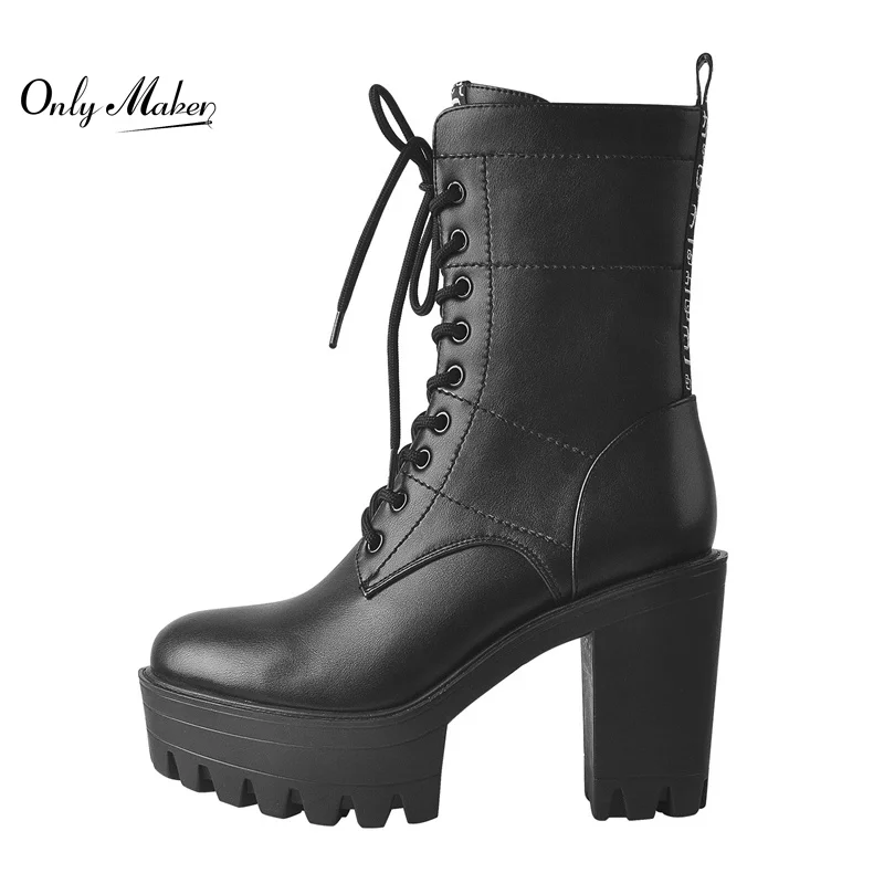 

Onlymaker Women Platform Boots Lace-up Ankle Boots Round Toe Matte Black Zipper Square Chunky High Heel Booties