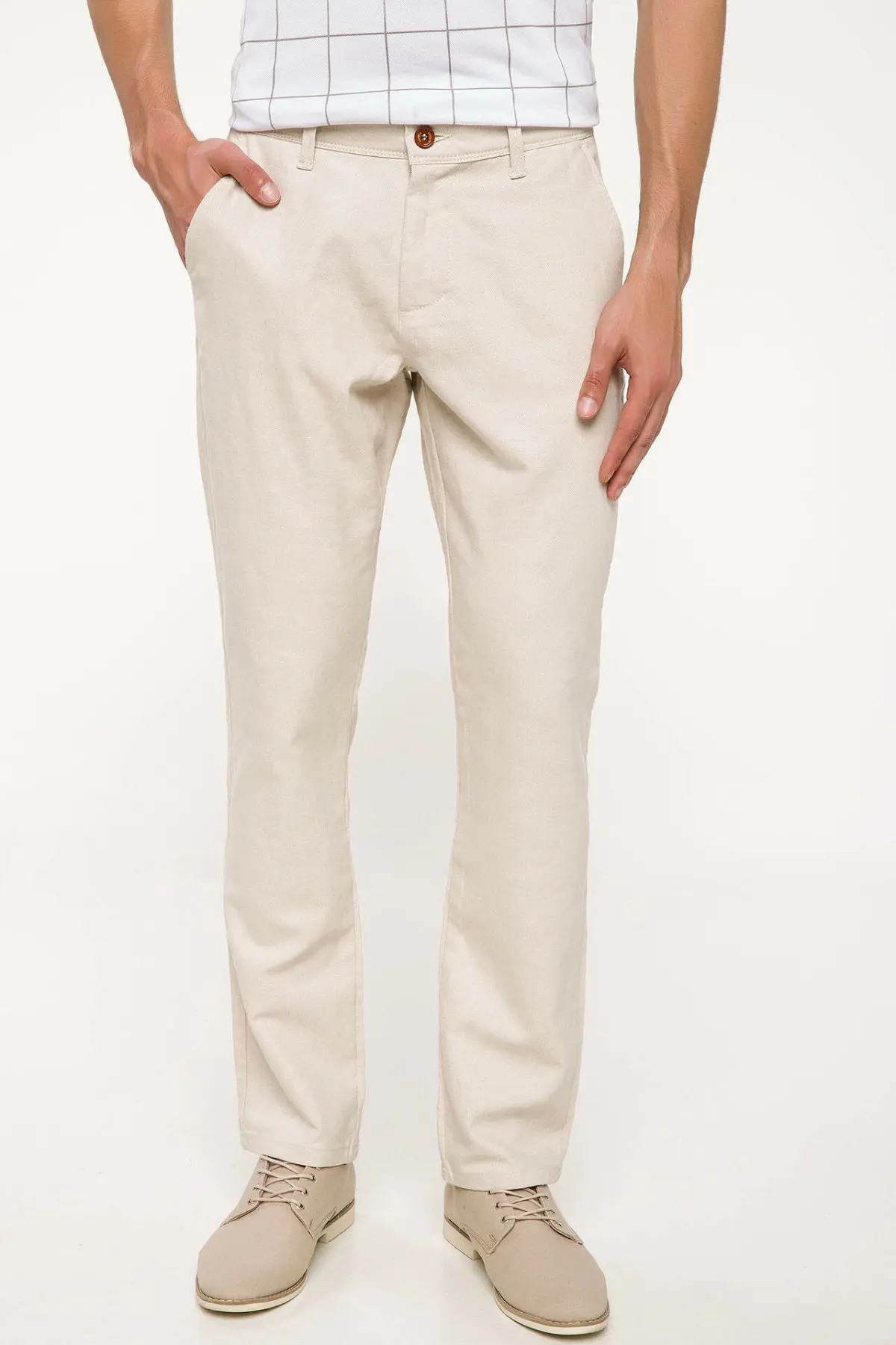 DeFacto Man Casual White Straight Long Pants Men Mid waist Pockets ...