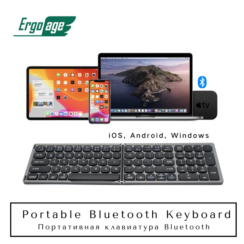Ergoage Bluetooth Double Folding Portable Keyboard With Numberic Key Pad Phone Tablet Laptop Desktop PC Office Working Mate BLK