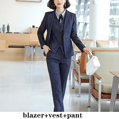 Blue Pant Suits Женский костюм с синими и черными клетчатыми штанами, зима, куртка на одной пуговице, жилет и штаны, комплект из 3 предметов, деловой костюм для работы - Цвет: Blue Pant Suits