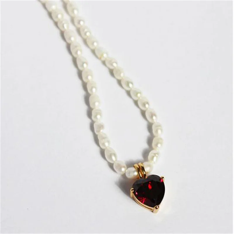 European And American Retro Wine Red Love Heart Pendant Freshwater Pearl Clavicle  Fashion Necklace for women Wedding Part Gifts