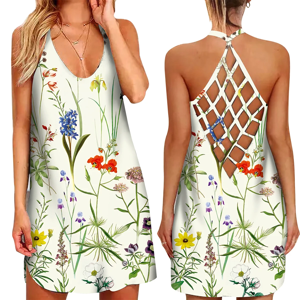 

Summer Women Criss Cross Dress Sleeveless Casual Loose Hollow Back Floral Printed Dress Woman Sundress Vestidos De Verano