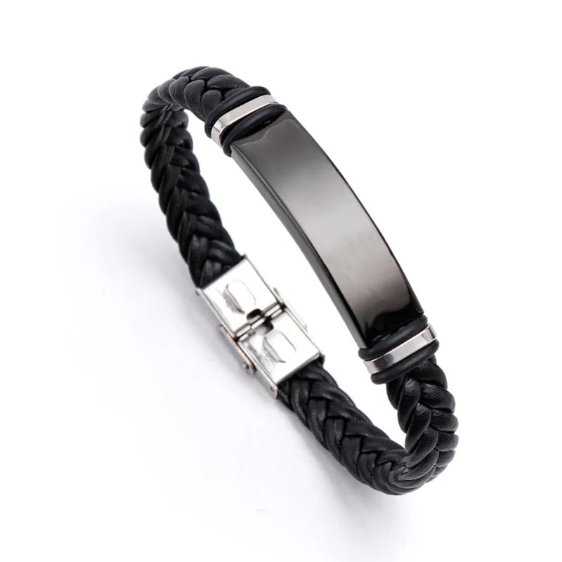 

2022 Trendy Men Leatherwear Weave Bracelet Leisure Color Contrast Stainless Steel ID Bar Customize Engraving Bangle
