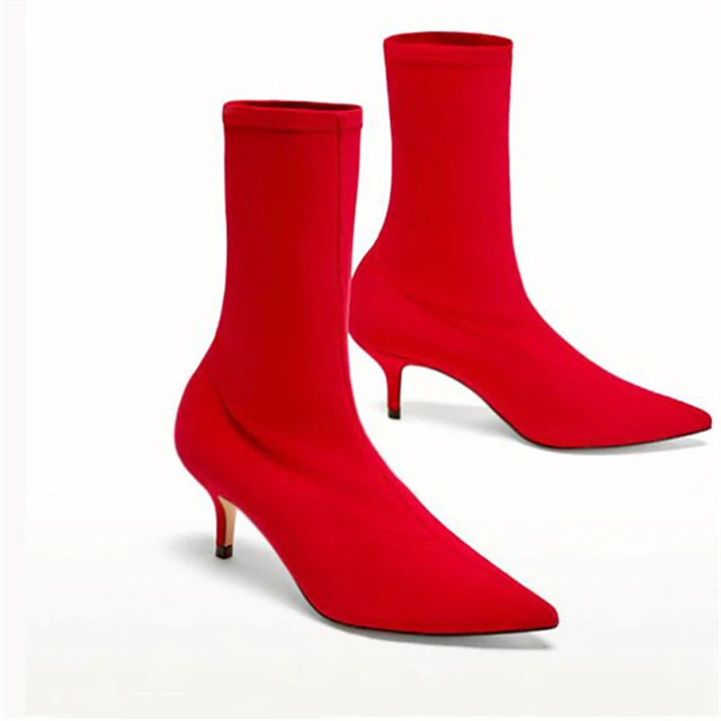 

Sexy Pointed Toe Women Boots 3 Colors High Heels Ankle Boots Spring Autumn Shoes Woman Botines Mujer 2019 Slip On Sock Booties
