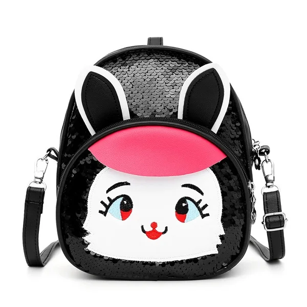 Детский Повседневный Рюкзак для девочек с милыми заячьими ушками и блестками; школьный рюкзак для девочек из искусственной кожи; сумки на плечо - Цвет: B-black