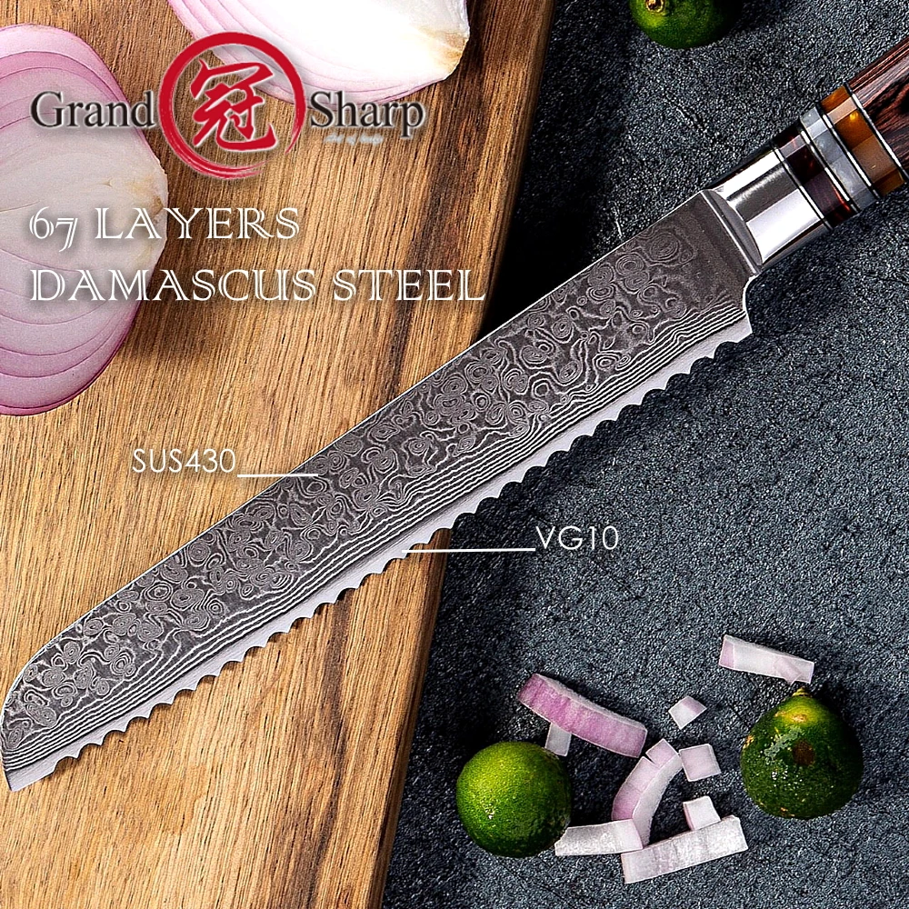  Damascus Kitchen Knives vg10 Japanese Damascus Steel Bread Knife Cake Slicing Bakery Tools Serrated - 32966782934