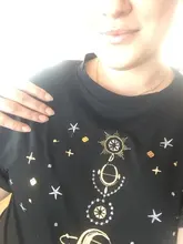 Women's T-Shirts Short-Sleeve Embroidery Black Top White Fashion-Star Korean Casual O-Neck