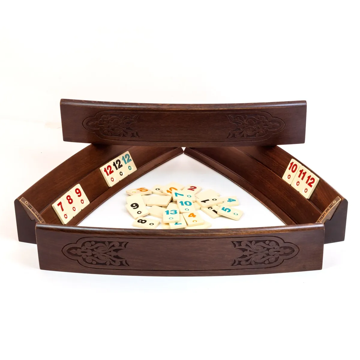 Hand Carved Oval Rummikub Game Set Solid Natural Wood Handmade Rummy Entertainment Board - Okey Tiles Carrying Bag