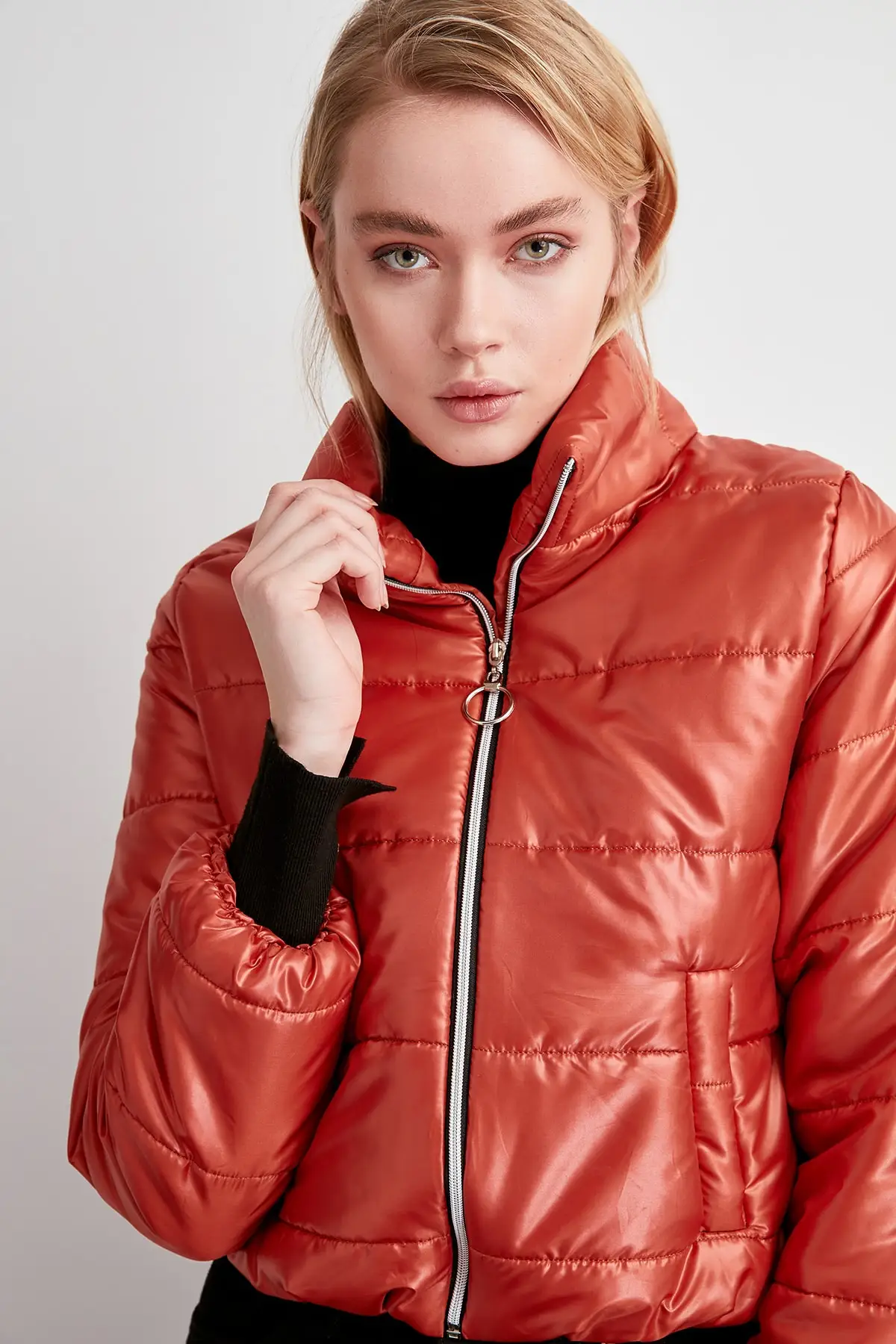 Trendyol Damson Zipper It Should Cover Upright Collar Inflatable Crop coats TWOAW20MO0088|Jackets| - AliExpress