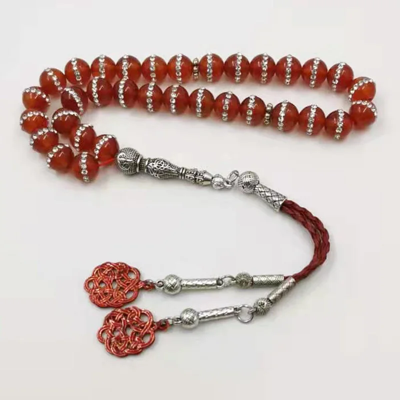 Женские Tasbih натуральные красные Агаты с хрустальными бриллиантами 33 молитвенные бусы misbaha роскошные аксессуары ювелирные изделия браслет masbaha