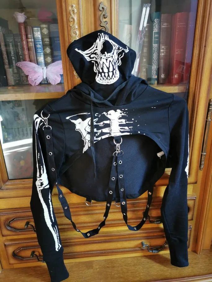 Skeleton Print Gothic Punk Hooded Crop Top with Mask photo review