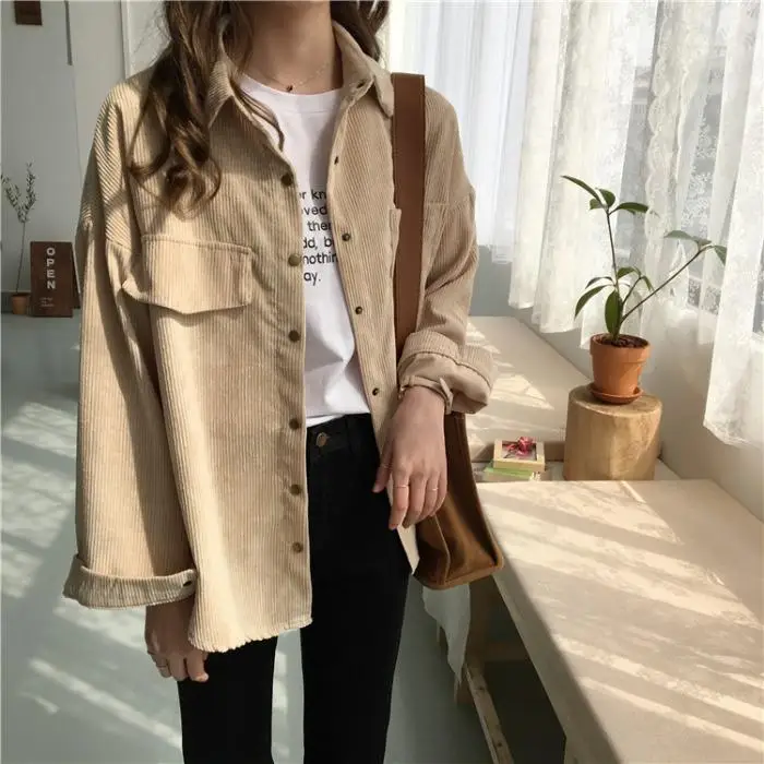 

19 autumn new ins Korean loose and versatile corduroy shirt women's solid color casual long sleeve shirt coat UT098
