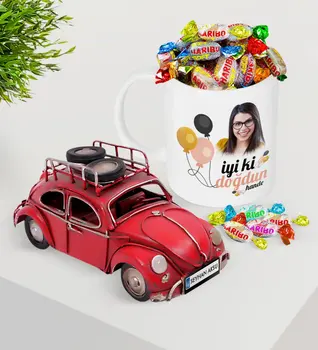 

Personalized Photo Birthday Platter Nostalgic Red Metal Beetle and Mug Haribo Candy Seti-11