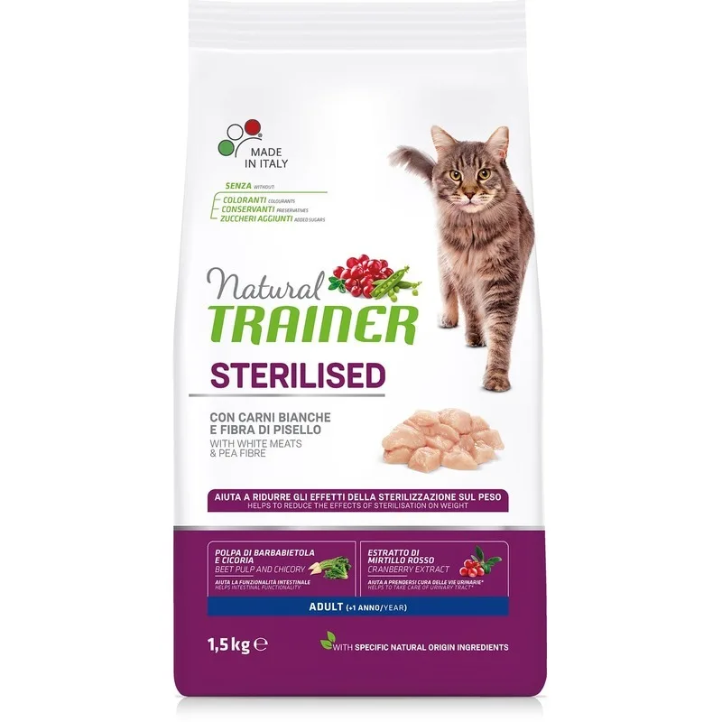 Корм для кошек TRAINER Natural Adult Sterilised для кастрированных, свежее белое мясо сух. 1,5кг