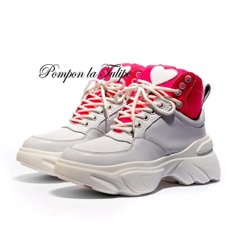 

BHS 9011221 Genuine Cow Leather Patchwork Mixed Color 6CM Platform Sport Walking Running Training Casual Shoes Women Sneakers