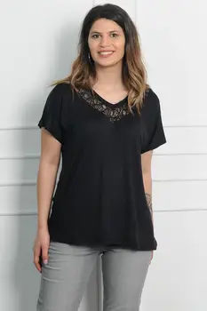 

Sans Textile Women 'S Black Collar Lace Detail Viscose Blouse 65 N15911