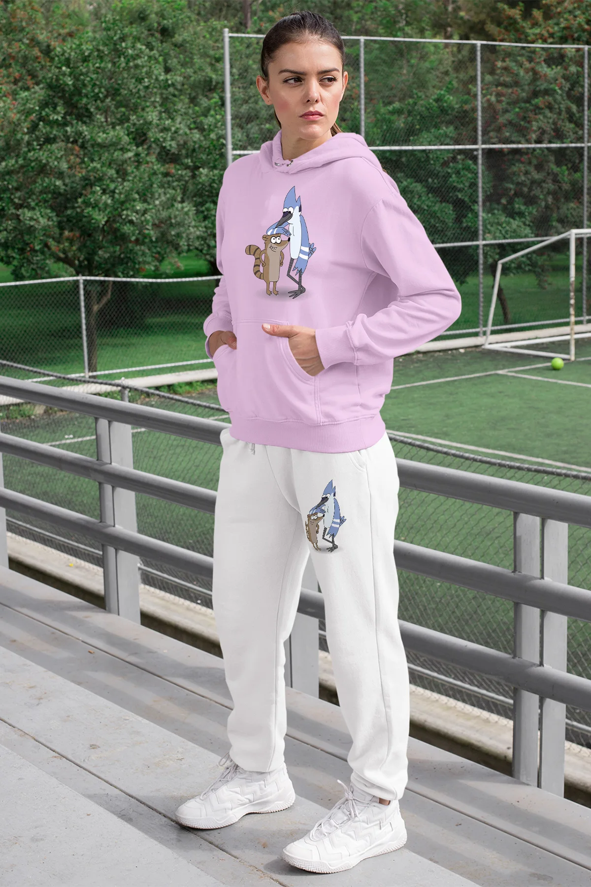 Angemiel Wear Chatter Mordecai And Rigby Women Tracksuit Set Pink Hooded Sweatshirt White Sweatpants |