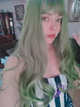 Peluca de cabello sintético para mujer, pelo negro y verde de 24 pulgadas con volante grande y flequillo, estilo africano y americano, fibra resistente al calor