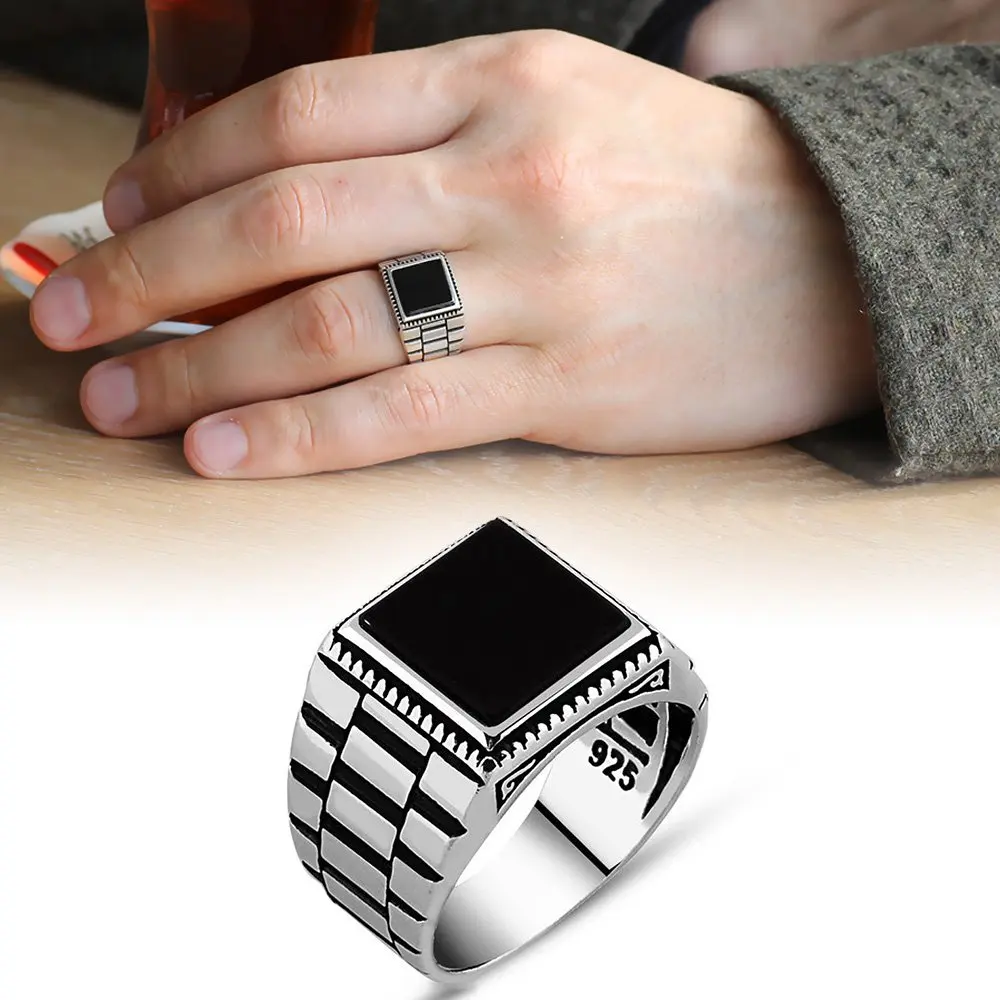 

925 Sterling Silver Ring for Men Onyx Stone Jewelry Fashion Vintage Gift Onyx Aqeq Mens Rings All Size