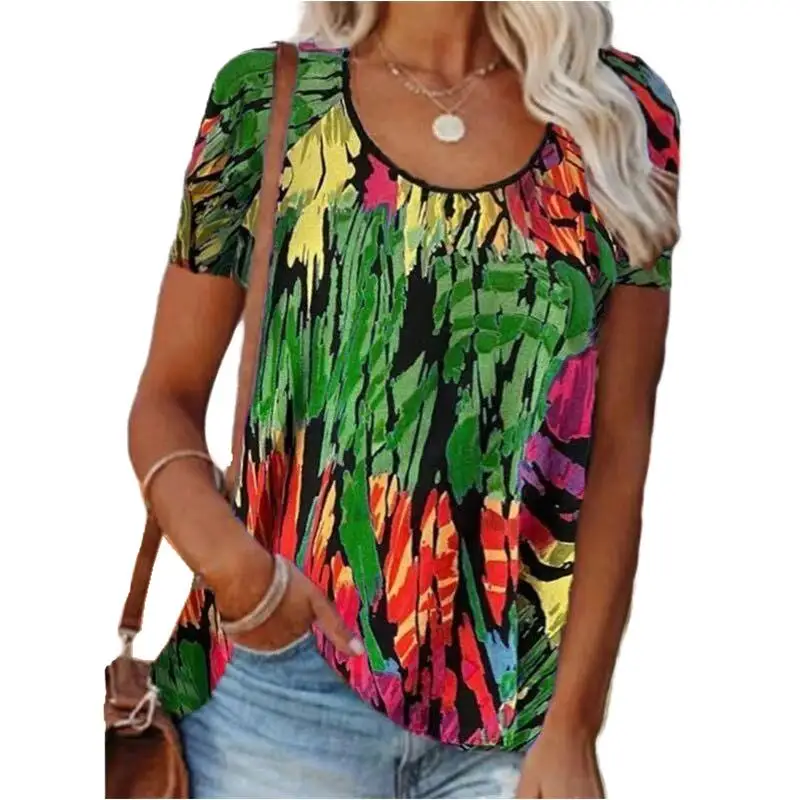 Camiseta de manga corta para Mujer, Tops de cuello redondo con estampado Vintage, informal, holgado, 2021