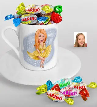 

Personalized Custom Marilyn Monroe Caricature Of Turkish Coffee cup And Haribo Candy Gift set