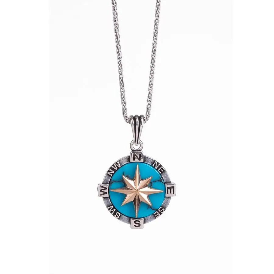 

Compass Detailed Aesthetic Turquoise Turquoise Ground Silver Direction Necklac Fashion Turkish Premium Quality Handmade Jawelery