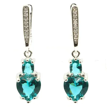 

34x8mm SheCrown Heart Shape Created Rich Blue Aquamarine CZ Gift For Sister Silver Earrings