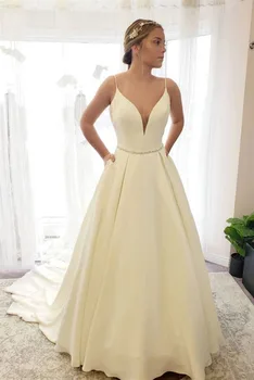 

Simple V Neck Backless Ivory Wedding Dress with Train V Neck Backless Ivory Long WeddingDress Backless Ivory Formal Evening Dres