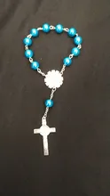 Perla de imitación de cuentas católica Rosario Católico comunión color plata alas colgantes del Crucifijo pulsera lindo regalo
