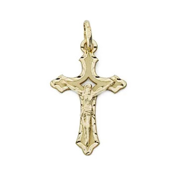 

Pendant 9k gold cross 22mm. Crucifix Christ Center openwork carved edge luster flat