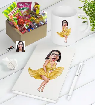 

Personalized Custom Marilyn Monroe Caricature Of Nostalgic Lezzetler Notebook Pen Mug Gift set
