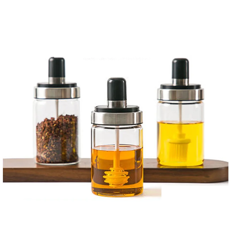 

Glass Condiment Jar Spice Salt Spices Jars Sugar Bowl with Spoons Honey Pot Jar with Dripper Oil Bottle with Brush